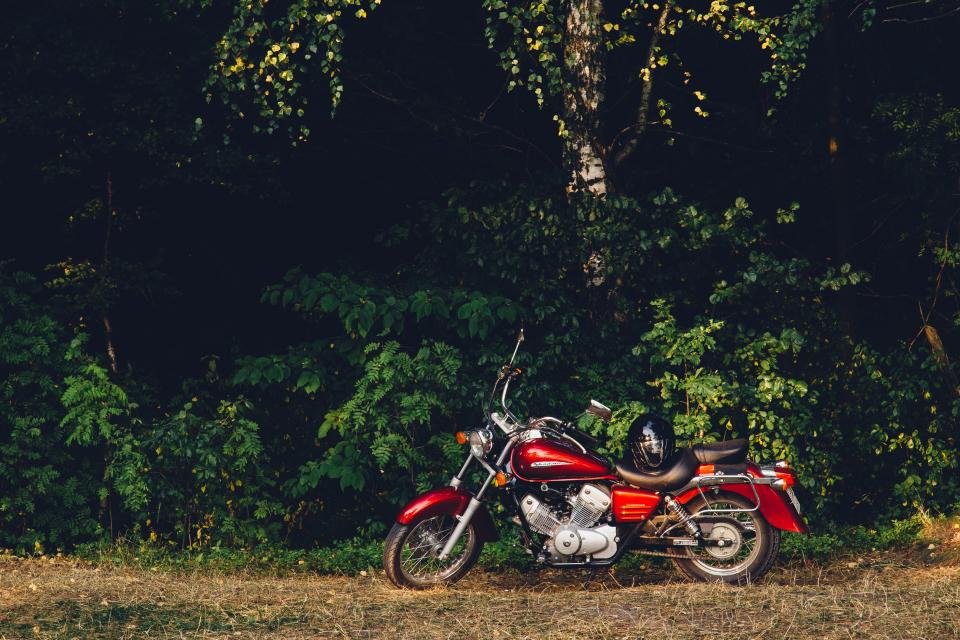 A red motorcycle parked at the edge of a wooded trail